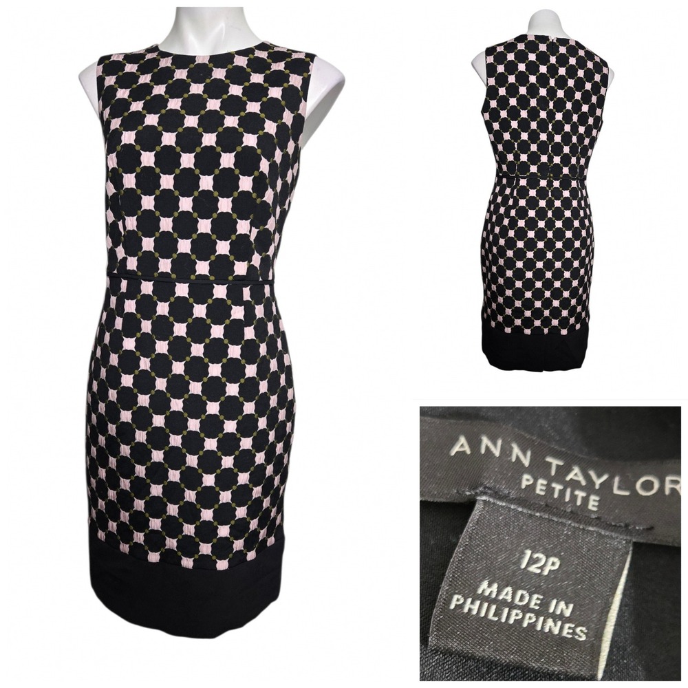 Ann Taylor Petite 12P Pink Black Geometric Jacquard Sheath Dress 421775